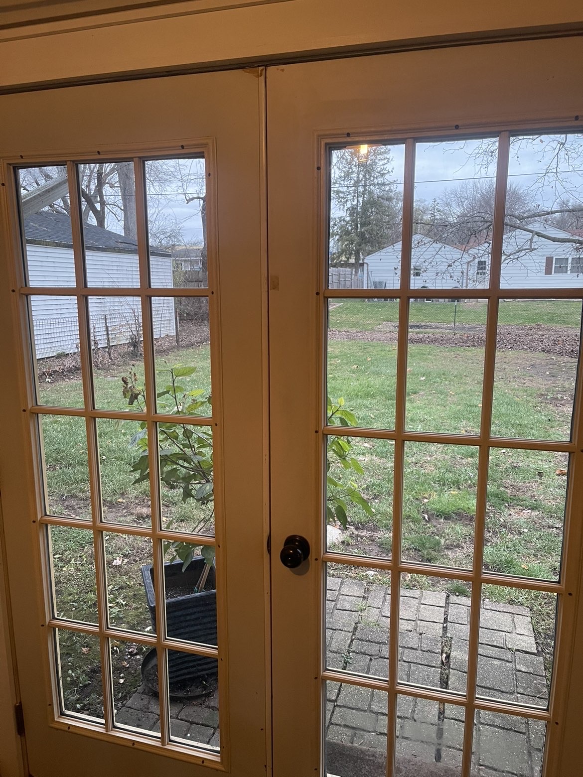 French doors with residential window film — interior view